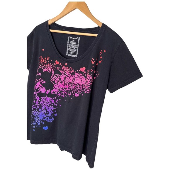Disney Mickey Mouse Glitter Rainbow Hearts Organic Cotton Tee Shirt Black XXL - Picture 4 of 8